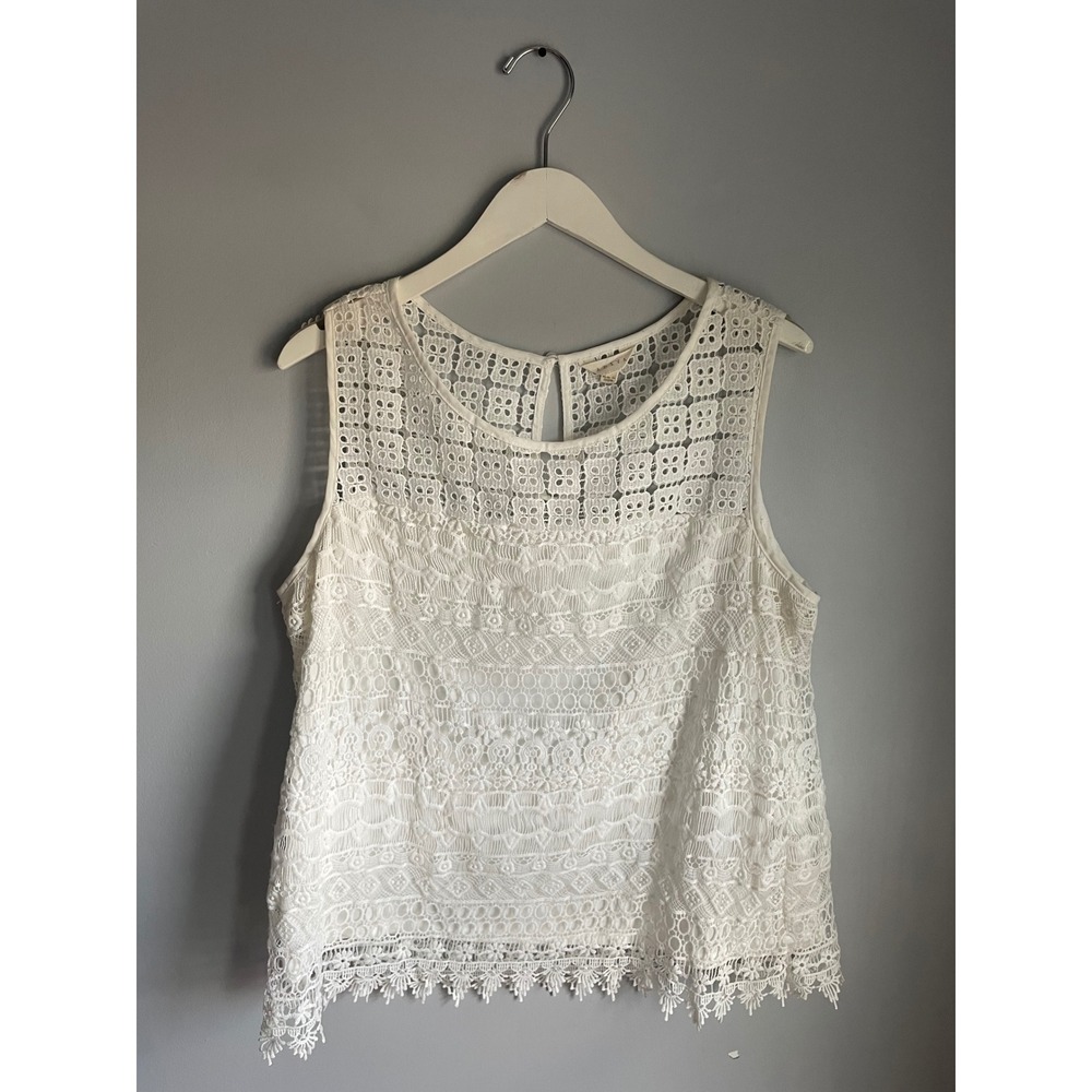 Adiva White Lace Sleeveless Crochet Top Office Work Round Neck Keyhole Back XL
